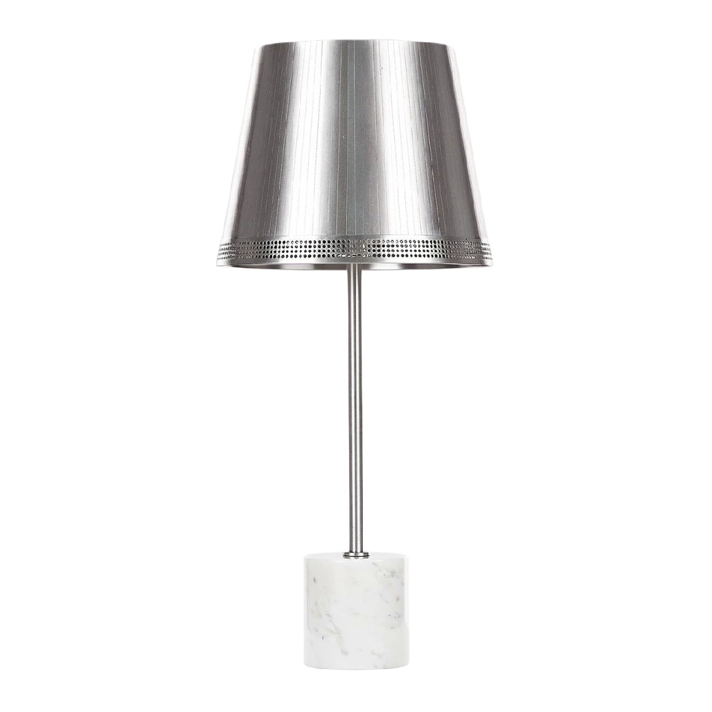**Lampa stołowa z marmurową podstawą i metalowym kloszem**